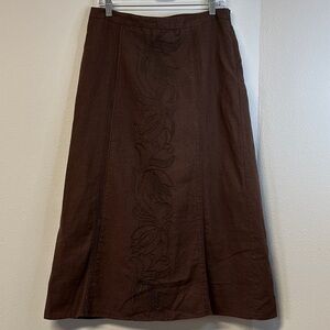 Carole Little Brown Embroidered Linen Blend A-line Midi Skirt Size 10